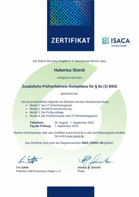 ISACA Germany - BSIG Certificate - Hubertus Storck